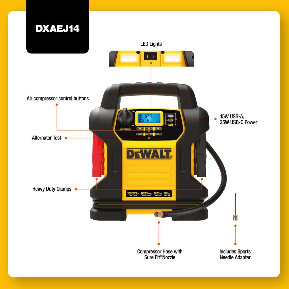 DeWalt 1600 Peak Amp Yellow and Black Jump Starter with Digital Compressor