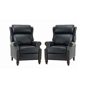 Medusaeus Navy Genuine Leather Manual Recliner with Solid Wood Legs Set of 2