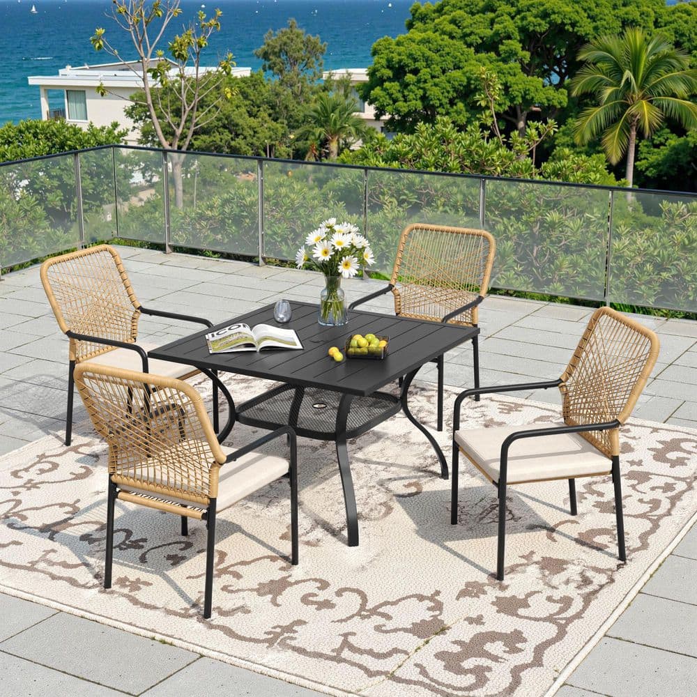 5-Piece Metal Outdoor Patio Dining Set with 37.8 in. Black Square Table and 4 Woven Rattan Chairs with Beige Cushions price history on PriceWatchPro