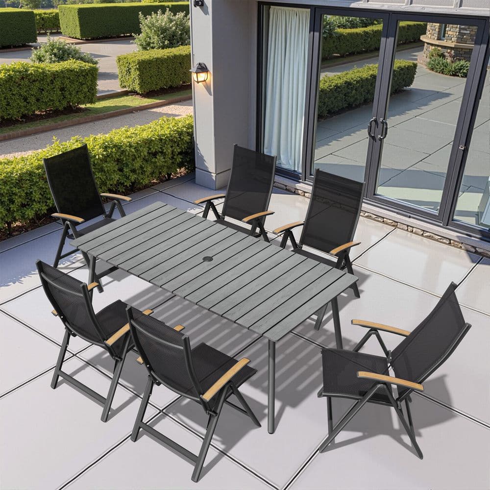 7-Piece Gray 70 in. Aluminium Wood-Like Rectangle Outdoor Dining Set with Umbrella Hole and Foldable Recliner Chairs price history on PriceWatchPro