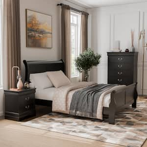 3-Piece Burkhart Black Wood Queen Bedroom Set Bed and Nightstand with Chest