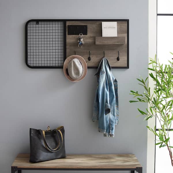 Welwick Designs Grey Wash Wood and Metal Wall Organizer with Hooks and Grid