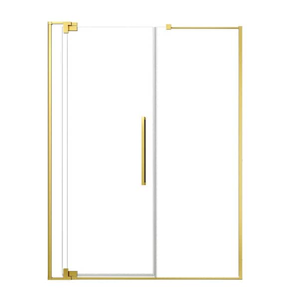 Rynolds Duo 67 in. - 63 in. W x 76 in. H Pivot Frameless Shower Door in Champagne Bronze with Clear Glass with Handle