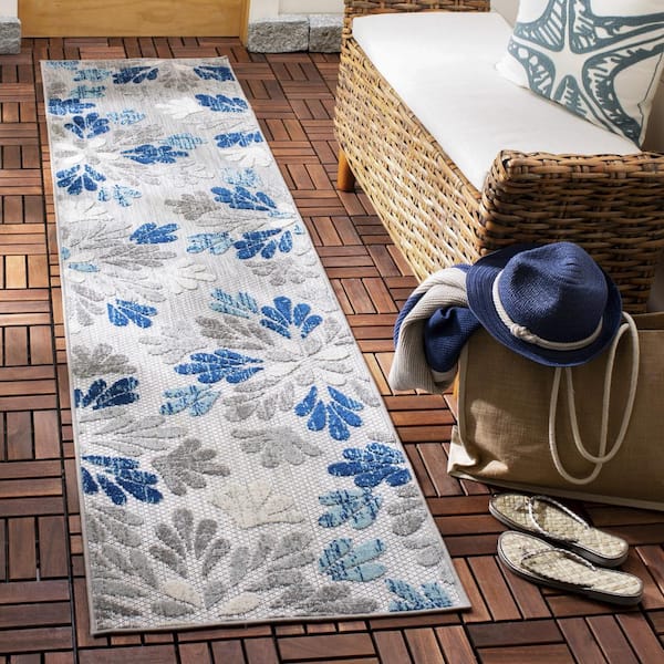 Cabana Gray/Blue 2 ft. x 12 ft. Geometric Floral Indoor/Outdoor Patio  Runner Rug