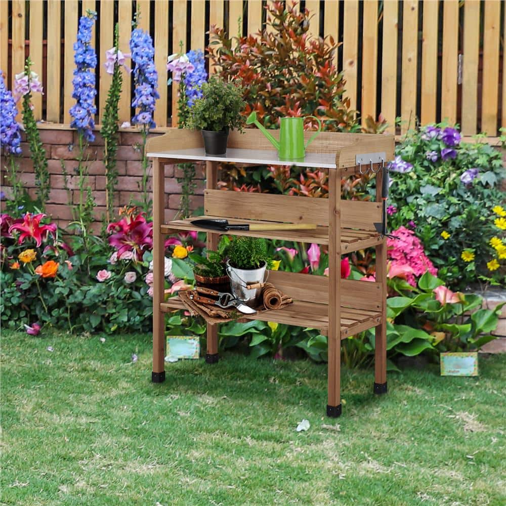 Yaheetech 35.5 in. H Outdoor Potting Bench Table with Storage Shelf Fir Garden Wooden Potting Station DYux730001