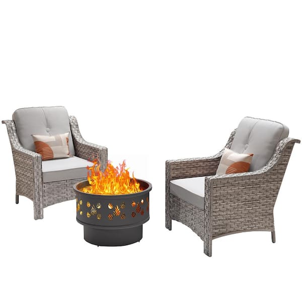 Eureka Gray 3-Piece Wicker Outdoor Patio Conversation Chair Set with a Wood-Burning Fire Pit and Light Grey Cushions