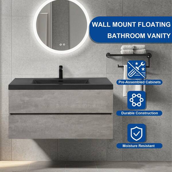 41.93 in. W x 19.69 in. D x 22.44 in. H Wall-Mounted Floating Bath Vanity with Single Black Quartz Sink Top in Grey