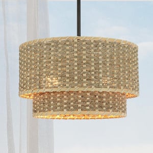 Onyx 14 in. Adjustable 2-Light Rattan Drum Chandelier with Matte Black Hardware , Seagrass Semi-Flush Mount