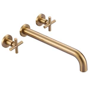 2-Handle Wall-Mount Roman Tub Faucet with Long Spout Reach Solid Brass Valve in Brushed Gold