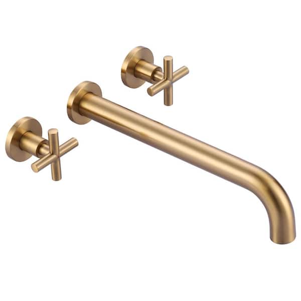 IVIGA 2-Handle Wall-Mount Roman Tub Faucet with Long Spout Reach Solid Brass Valve in Brushed Gold