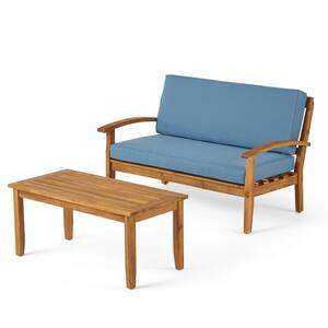 2-Piece Teak Wood Outdoor Loveseat with Blue Cushion and Coffee Table