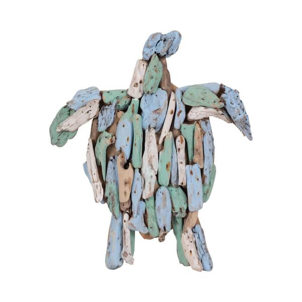 Liv & Skye Blue 12 in. x 2 in. Wood Driftwood MDF Coastal 2 Tone Turtle Figurine