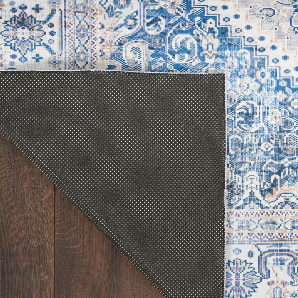 Beige Blue Floral Synthetic Flatweave Runner Rug