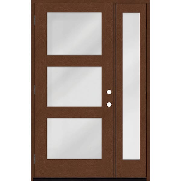 Steves & Sons Regency 53 in. x 80 in. Modern 3-Lite Equal Clear RHOS Chestnut Mahogany Fiberglass Prehung Front Door 14 in. SL