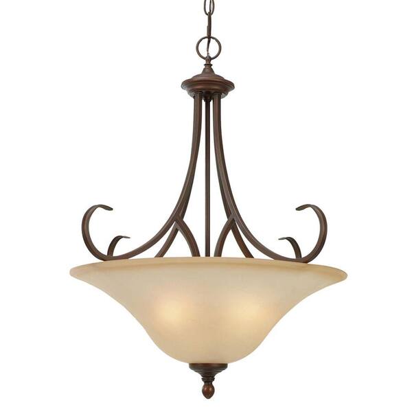 Unbranded 3-Light Rubbed Bronze Pendant with Antique Marbled Glass Shade