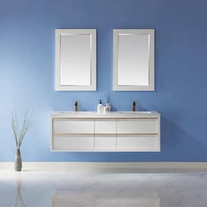 Morgan 60 in. Double Bathroom Vanity Set in White and Composite Carrara White Stone Countertop with Mirror