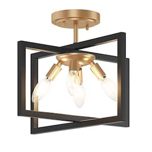 Modern 14.76 in. 4-Light Black and Gold Semi-Flush Mount Farmhouse Rectangle Metal Ceiling Light