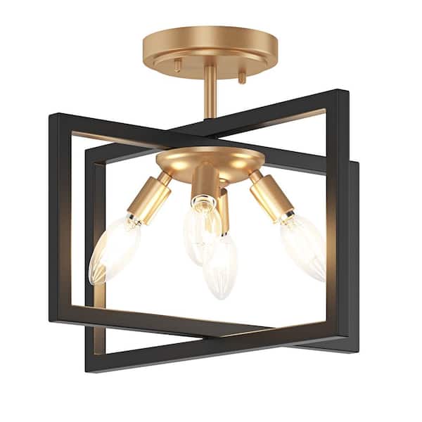 aiwen Modern 14.76 in. 4-Light Black and Gold Semi-Flush Mount Farmhouse Rectangle Metal Ceiling Light