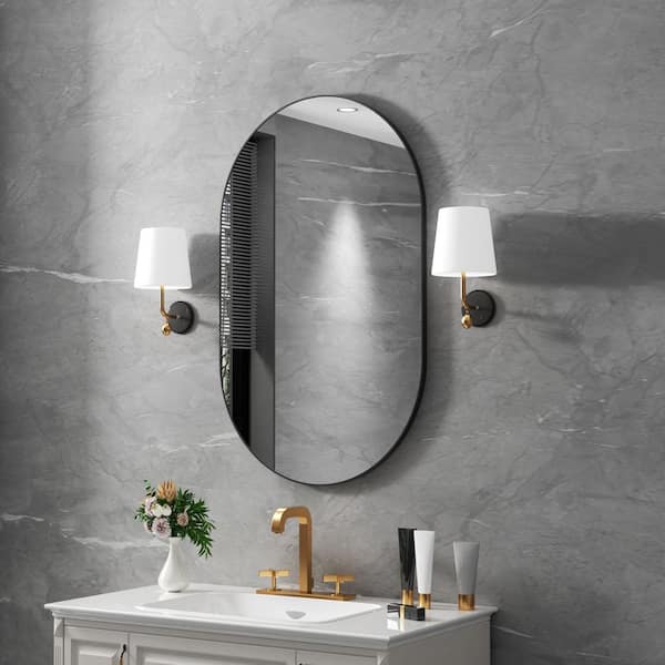 30 in. W x 40 in. H Oval Aluminum Framed Wall Bathroom Vanity Mirror in Glossy Black
