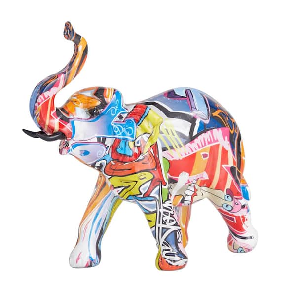 Litton Lane 9 in. x 8 in. Multi Colored Polystone Graffiti Elephant Sculpture