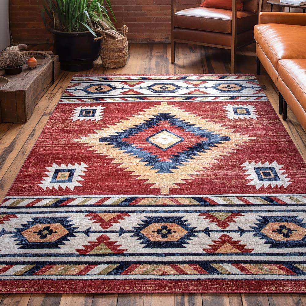 Crimson and Beige Synthetic Southwest Print Rectangular Area Rug