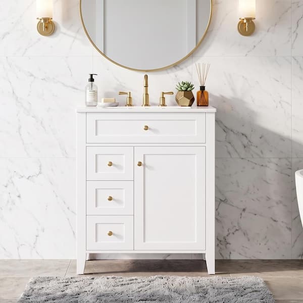 24 in. White Modern Bathroom Vanity with Ceramic Sink and Soft-Close Door