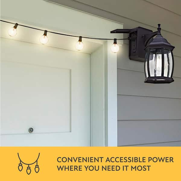 Addington Park Victoria 1 Light Outdoor Wall Sconce With 2 Built In Gfci Outlets Black 31847 The Home Depot