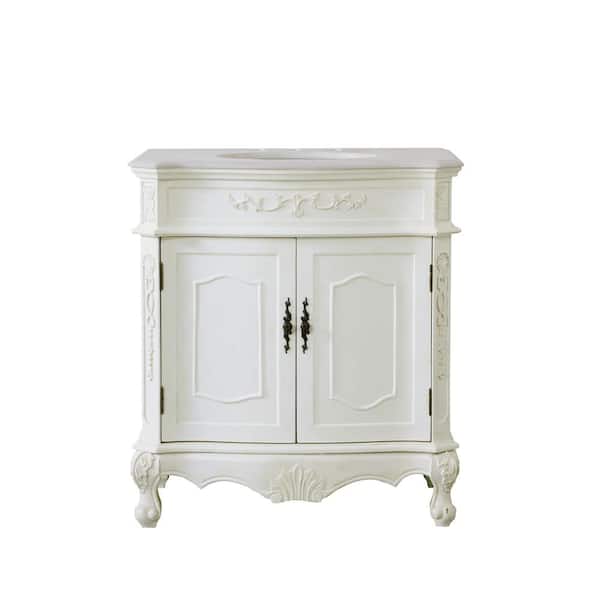 Unbranded Simply Living 32 in. W x 21 in. D x 36 in. H Bath Vanity in Antique White with White And Brown Vein Marble Top