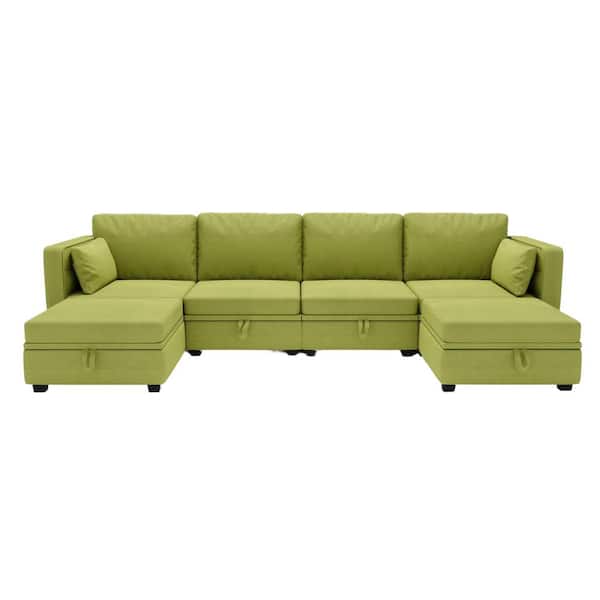 Unbranded 110.24 in. W Square Arm 6-Piece Linen U-Shaped Modular Sectional Sofa with Storage Seats and Reversible Chaise in Olive