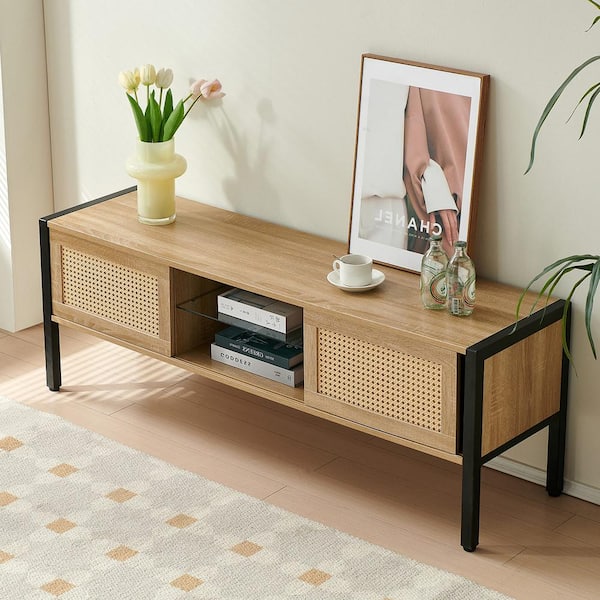 Zeus & Ruta 54.33 in. Rattan TV Cabinet in Natural with Variable Color Light Strip, Double Sliding Doors for Storage for Living Room