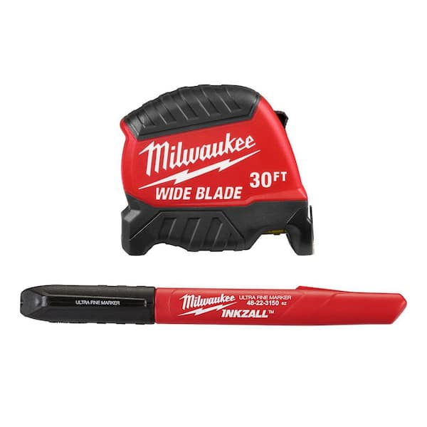 30FT Wide Blade Tape Measure and 12PK INKZALL Black Ultra Fine Point Markers