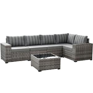 Beatrice 6-Piece Wicker Outdoor Sectional Set with Gray StripeCushions