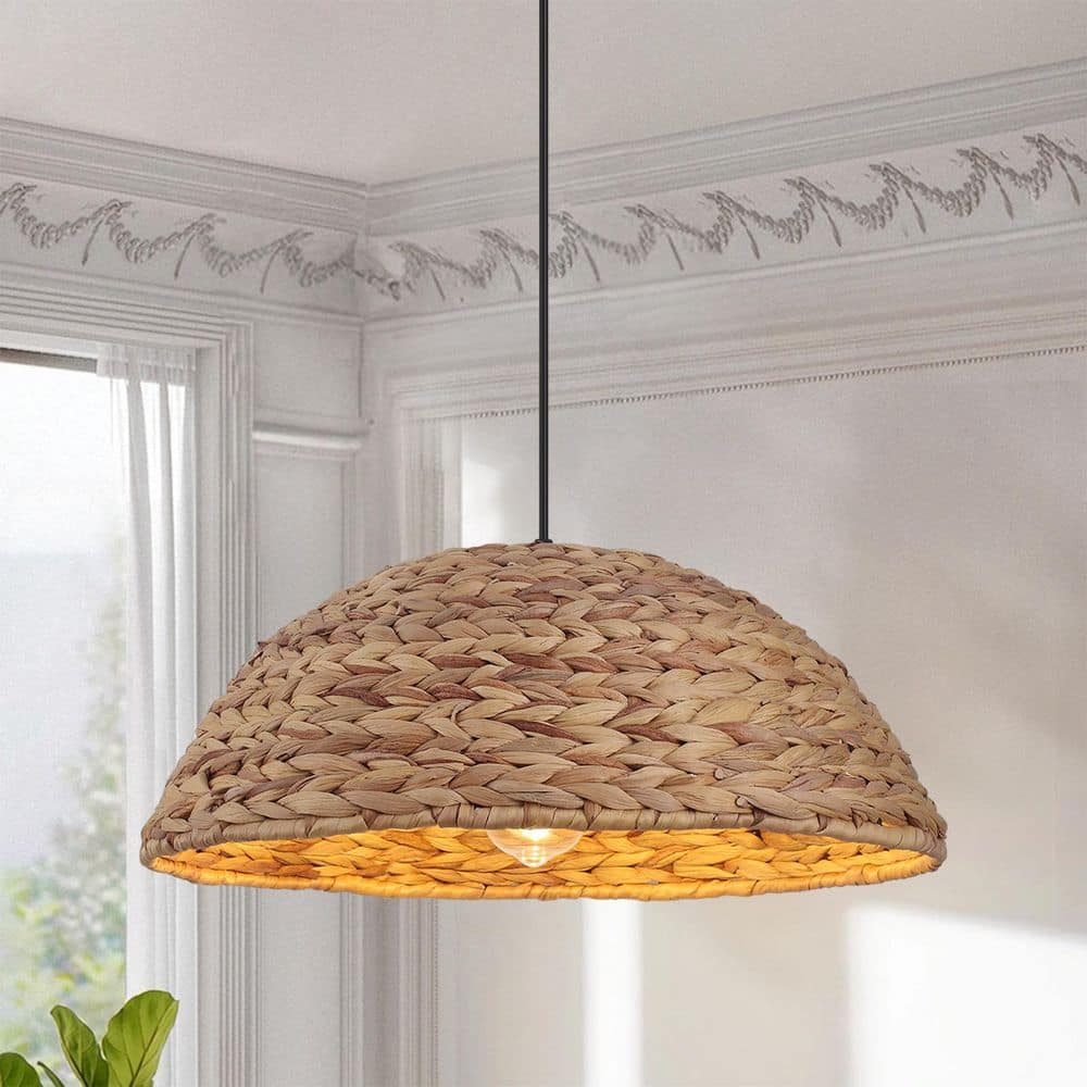 18.9 in. 1-Light Brown Farmhouse Dome Pendant Light with Natural Rattan Shade, No Bulbs Included price history on PriceWatchPro