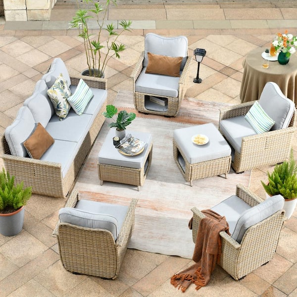 HOOOWOOO Echo Beige 7-Piece Wicker Multi-Functional Pet Friendly Outdoor Patio Conversation Sofa Set with Light Gray Cushions