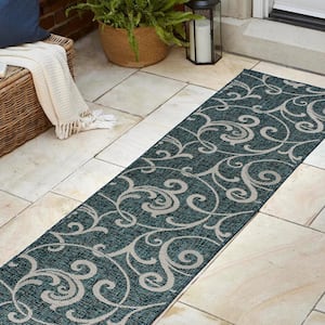 Maribel Turquoise/Cream 2 ft. x 8 ft. Traditional Classic All-Over Scroll Indoor/Outdoor Runner Rug