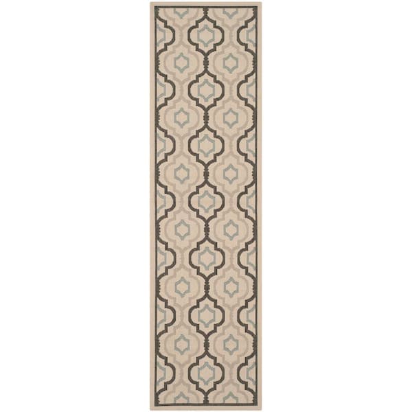 SAFAVIEH Courtyard Light Beige/Black 2 ft. x 14 ft. Geometric Indoor/Outdoor Patio  Runner Rug