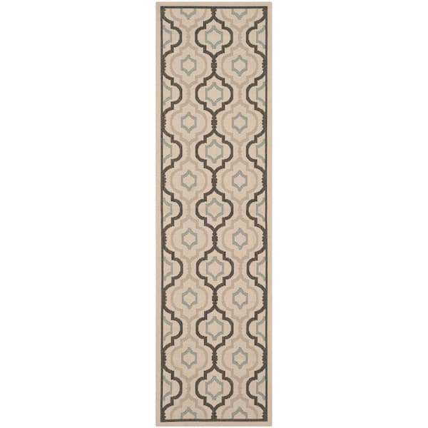 SAFAVIEH Courtyard Light Beige/Black 2 ft. x 14 ft. Geometric Indoor/Outdoor Patio  Runner Rug