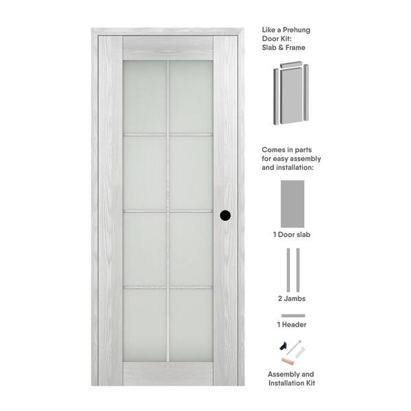 Belldinni 18 in. x 84 in. Vona Left-Hand 8-Lite Frosted Glass Ribeira Ash Wood Composite Single Prehung Interior Door
