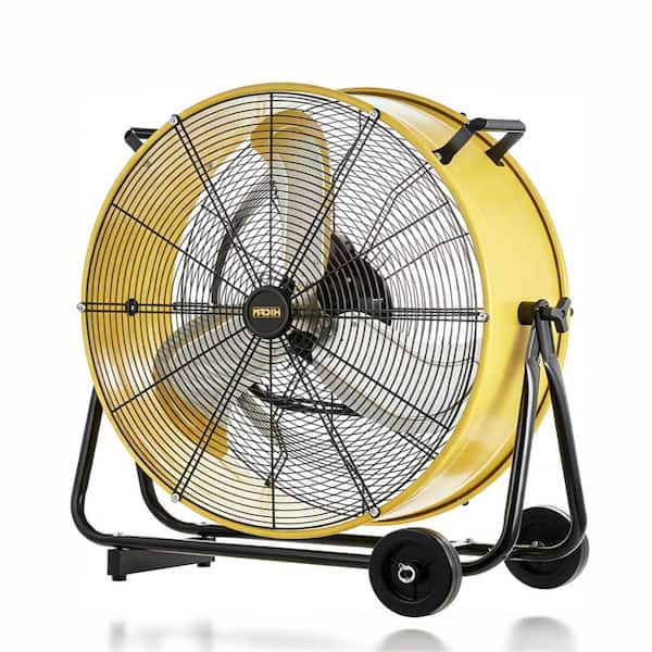24in Yellow Industrial Drum Fan, 320W 3-Speed High Velocity Metal Portable Floor Fan for Workshop & Ventilation