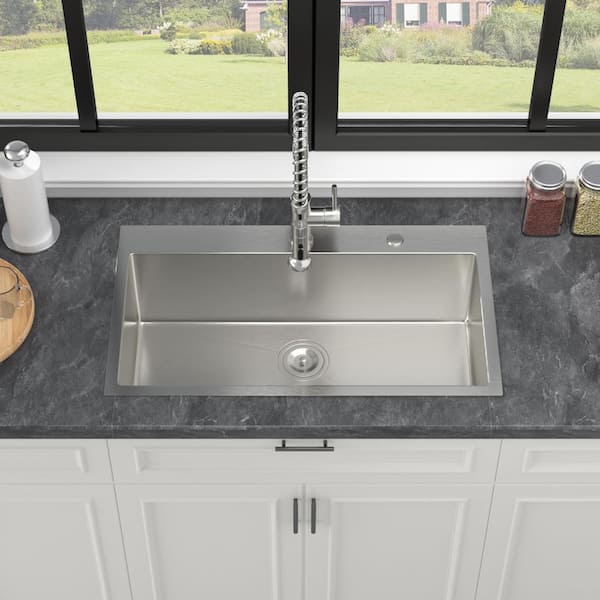 33 Inch Topmount Sink 16 Gauge 9 Inch Deep Single Bowl Kitchen Sink Basin, with Drain Strainer No Additional Accessories