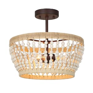 Coastal 14.5 In. 3-Light Brown Rustic Semi- Flush Mount with Bead Shade and Rope Accents