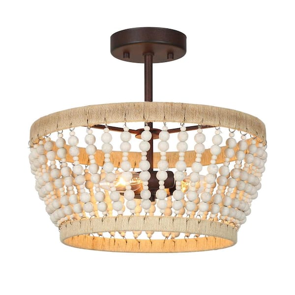 Unbranded Coastal 14.5 In. 3-Light Brown Rustic Semi- Flush Mount with Bead Shade and Rope Accents