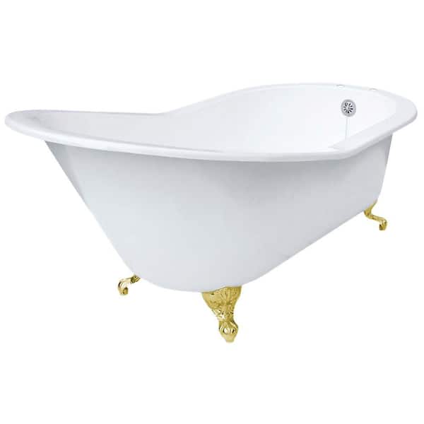 Elizabethan Classics 5 ft. 7in. Grand Slipper Cast Iron Tub Rim Faucet Holes in White with Ball and Claw Feet in Polished Brass