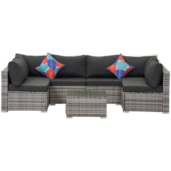 Zeus & Ruta Gray 7-Piece Wicker Outdoor Patio Conversation Sectional Sofa Seating Set with Gray Cushions and Pillow