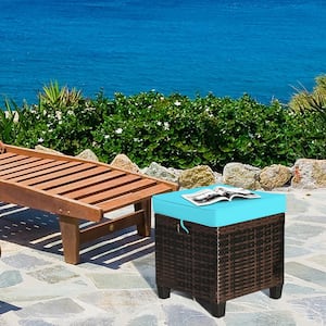 2 Rattan Ottomans Turquoise Cushioned Seat Foot Rest Set Outdoor Garden Furniture