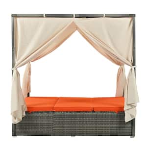 Wicker Outdoor Day Bed with Curtain, Cushions in Orange