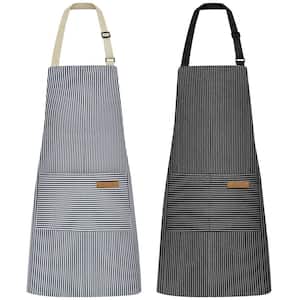 2-Piece Cotton Adjustable Stripe Aprons with 2-Pockets, Blue and Black
