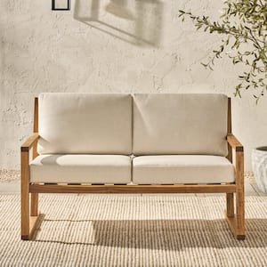 Contemporary Design Natural Solid Acacia Wood Outdoor Loveseat with Slat-Back Panel, Stable and Sturdy in Beige Cushions