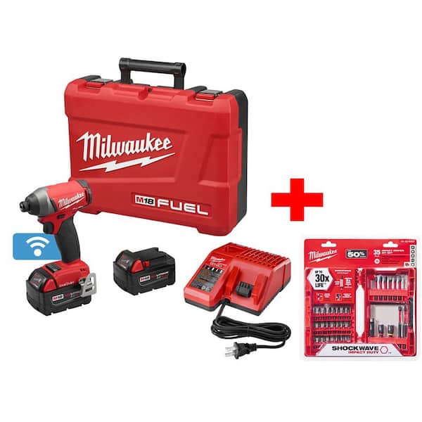 Milwaukee M18 FUEL with ONE-KEY 18-Volt Lithium-Ion Brushless 1/4 in. Cordless Hex Impact Driver Kit Shockwave Bit Set (35-Piece)