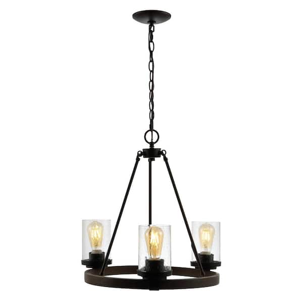 Coronet 20 in. 3-Light Oil Rubbed Bronze Iron/Seeded Glass Rustic Farmhouse LED Chandelier